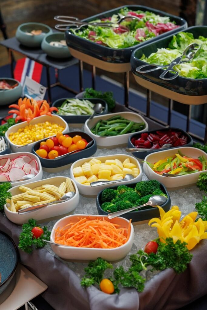 Colorful salad bar featuring a variety of fresh vegetables and vibrant ingredients.